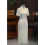 Chic / Beautiful Champagne Silk Printing Evening Party Cheongsam 2024 Trumpet / Mermaid High Neck Short Sleeve Tea-length