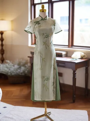 Chiński Styl Szałwia Zielony Druk Lato Długość Herbaty Cheongsam 2024 Syrena Rozkloszowane Wysokiej Szyi Kótkie Rękawy