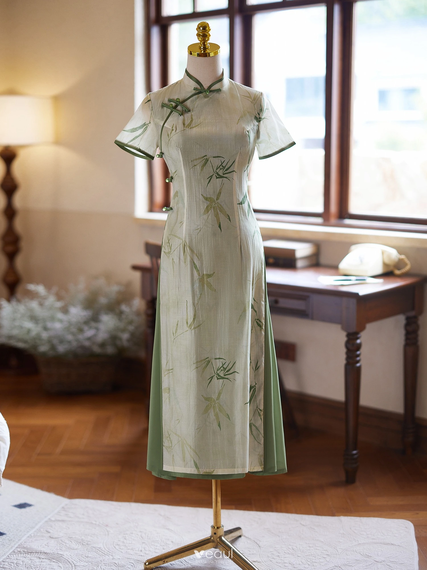Chinese style Sage Green Printing Summer Tea-length Cheongsam 2024 Trumpet / Mermaid High Neck Short Sleeve Chinese style Sage Green Printing Summer Tea-length Cheongsam 2024 Trumpet / Mermaid High Neck Short Sleeve