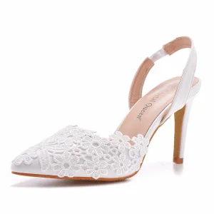 Chic Belle Blanche En Dentelle Fleur Chaussure De Mariée 2023 9 Cm Talons Aiguilles À Bout Pointu Mariage Sandales Talons Hauts