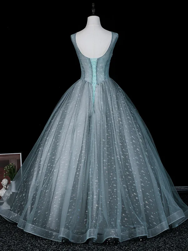 Vintage Taubenblau Spitze Blumen Applikationen Pailletten Ballkleider 2026 Ballkleid Rundhalsausschnitt Ärmellos Rückenfreies