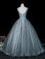Vintage Taubenblau Spitze Blumen Applikationen Pailletten Ballkleider 2026 Ballkleid Rundhalsausschnitt Ärmellos Rückenfreies