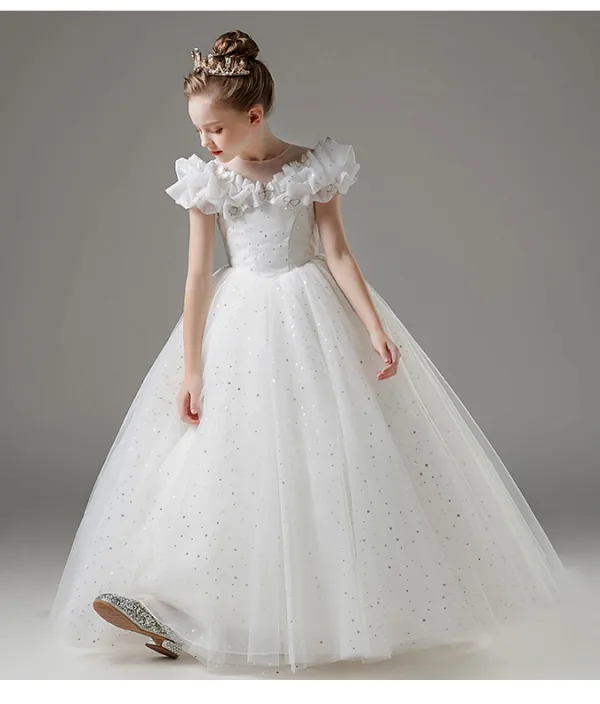Chic / Belle Blanche Étoile Paillettes Papillon Brodé Mariage Robe Ceremonie Fille 2025 Robe Boule Encolure Dégagée Manches Courtes Longue Robe Ceremonie Fille