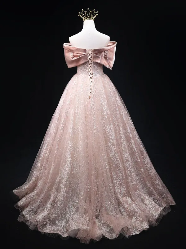 Elegant Blushing Pink Glitter Lace Flower Prom Dresses 2025 Ball Gown Off-The-Shoulder Short Sleeve Backless Floor-Length / Long Prom Formal Dresses