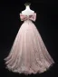 Elegant Blushing Pink Glitter Lace Flower Prom Dresses 2025 Ball Gown Off-The-Shoulder Short Sleeve Backless Floor-Length / Long Prom Formal Dresses