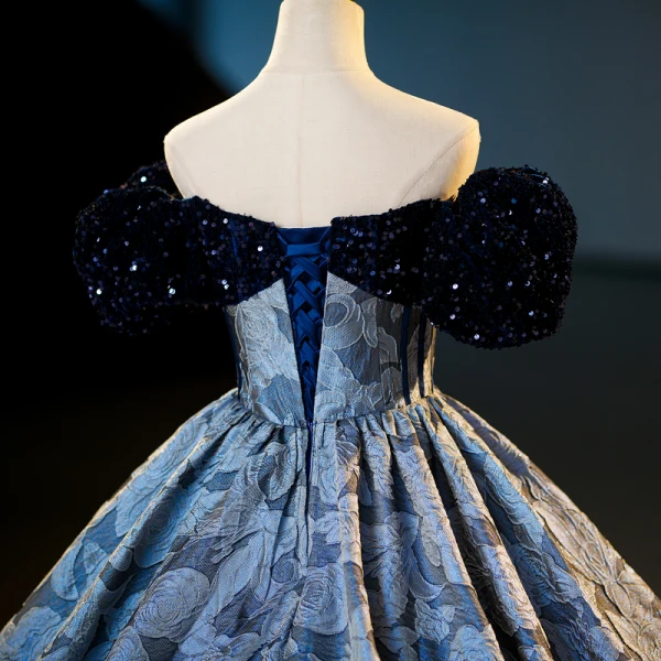 Vintage / Retro Navy Blue Sequins Printing Prom Dresses 2023 Ball Gown Off-The-Shoulder Short Sleeve Backless Floor-Length / Long Prom Formal Dresses