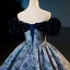 Vintage / Retro Navy Blue Sequins Printing Prom Dresses 2023 Ball Gown Off-The-Shoulder Short Sleeve Backless Floor-Length / Long Prom Formal Dresses