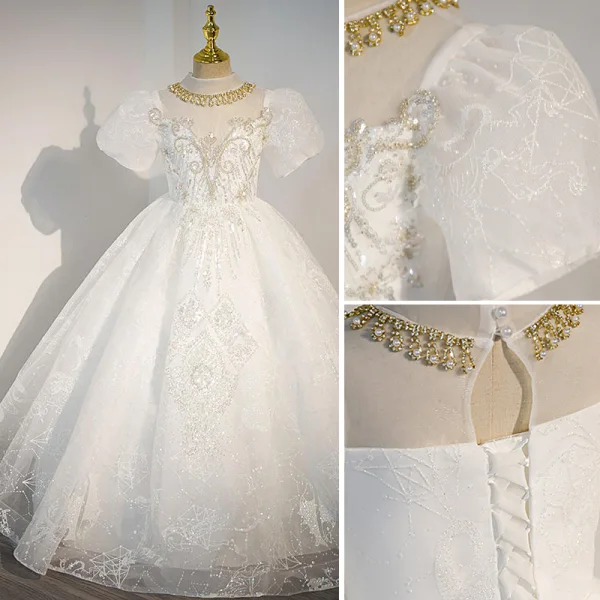 Charming White Rhinestone Sequins Pearl Birthday Flower Girl Dresses 2022 Ball Gown Scoop Neck Puffy Short Sleeve Floor-Length / Long Flower Girl Dresses