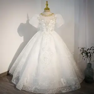 Charming White Rhinestone Sequins Pearl Birthday Flower Girl Dresses 2022 Ball Gown Scoop Neck Puffy Short Sleeve Floor Length Long Flower Girl Dresses