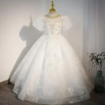 Charming White Rhinestone Sequins Pearl Birthday Flower Girl Dresses 2022 Ball Gown Scoop Neck Puffy Short Sleeve Floor Length Long Flower Girl Dresses