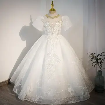 Charming White Rhinestone Sequins Pearl Birthday Flower Girl Dresses 2022 Ball Gown Scoop Neck Puffy Short Sleeve Floor Length Long Flower Girl Dresses