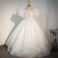 Encantador Blanco Rhinestone Lentejuelas Perla Cumpleaños Vestidos para niñas 2022 Ball Gown Scoop Escote Hinchado Manga Corta Largos Vestidos para niñas