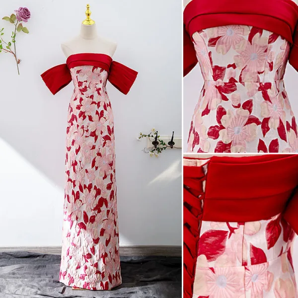 Vintage / Retro Red Printing Evening Dresses 2022 Trumpet / Mermaid Off-The-Shoulder Short Sleeve Backless Floor-Length / Long Evening Party Formal Dresses