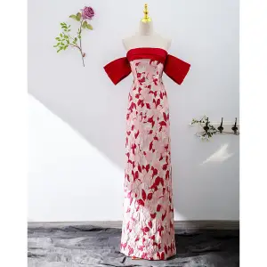 Vintage Originale Rouge Impression Robe De Soirée 2022 Trompette Sirène De L Épaule Manches Courtes Dos Nu Longue Soirée Robe De Ceremonie
