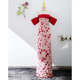 Vintage Originale Rouge Impression Robe De Soirée 2022 Trompette Sirène De L Épaule Manches Courtes Dos Nu Longue Soirée Robe De Ceremonie