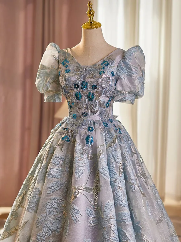Elegant Grey Beading Sequins Lace Flower Prom Dresses 2025 Ball Gown V-Neck Short Sleeve Floor-Length / Long Prom Formal Dresses