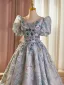 Elegant Grey Beading Sequins Lace Flower Prom Dresses 2025 Ball Gown V-Neck Short Sleeve Floor-Length / Long Prom Formal Dresses
