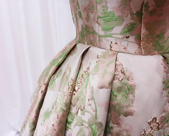 Fashion Blushing Pink Printing Prom Dresses 2024 A-Line / Princess Bow Strapless Sleeveless Backless Floor-Length / Long Prom Formal Dresses