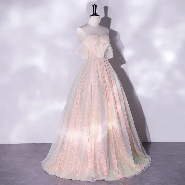 Sparkly Gold Sequins Prom Dresses 2022 A-Line / Princess Strapless Backless Floor-Length / Long Prom Formal Dresses