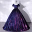 Vintage / Retro Navy Blue Gradient-Color Prom Dresses 2022 Ball Gown Square Neckline Puffy Short Sleeve Backless Bow Sash Floor-Length / Long Formal Dresses