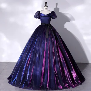 Vintage Marino Oscuro Degradado De Color Vestidos De Gala 2022 Ball Gown Escote Cuadrado Hinchado Manga Corta Sin Espalda Bowknot Cinturón Largos Vestidos Formales