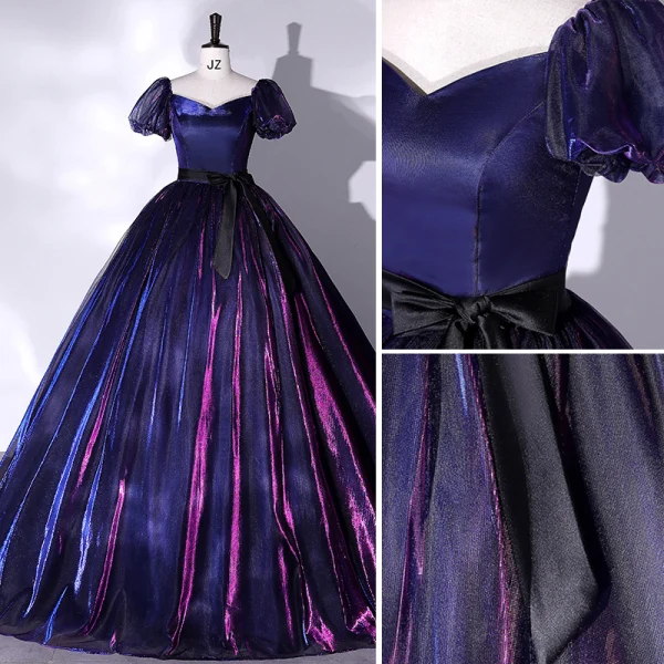 Vintage / Retro Navy Blue Gradient-Color Prom Dresses 2022 Ball Gown Square Neckline Puffy Short Sleeve Backless Bow Sash Floor-Length / Long Formal Dresses
