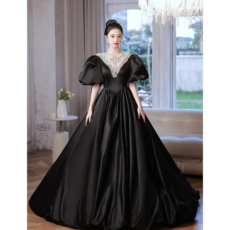 Vintage Retro Rhinestone Black Prom Dresses 2023 Ball Gown Scoop Neck Puffy  Short Sleeve Court Train Prom Formal Dresses