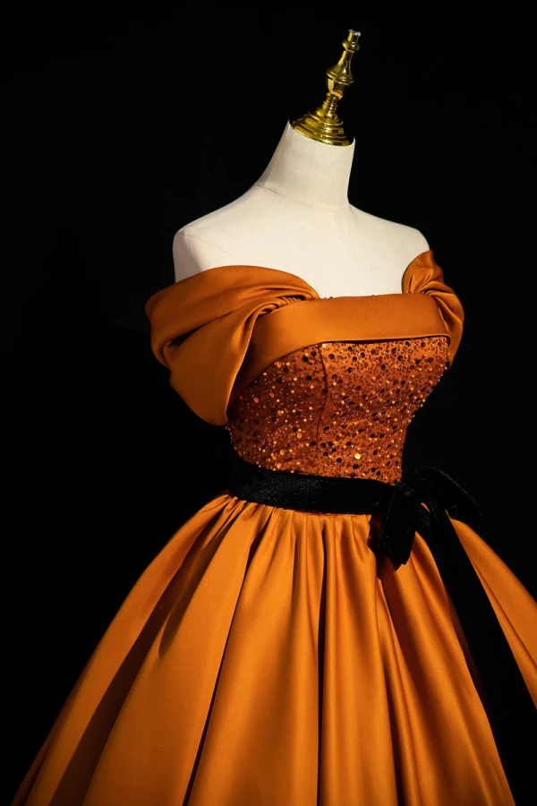 Élégant Orange Perlage Paillettes Satin Robe De Bal 2023 Robe Boule De l'épaule Sans Manches Dos Nu Noeud Ceinture Longue Robe De Ceremonie