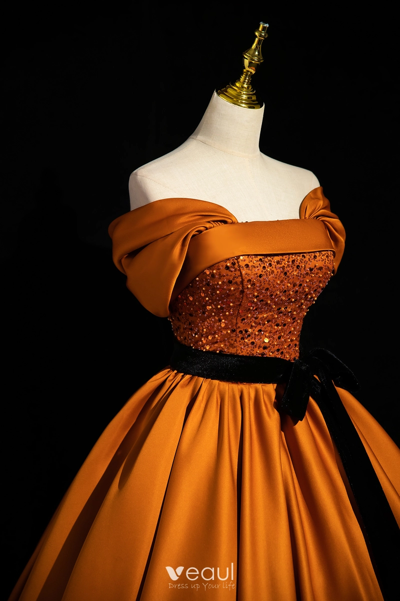 Elegant Orange Beading Sequins Satin Prom Dresses 2023 Ball Gown Off-The-Shoulder Bow