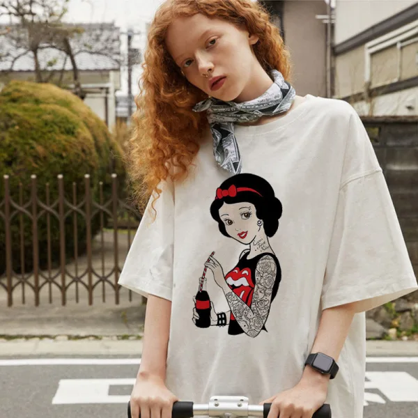 Fashion Loose Women T-Shirts 2021 White Cartoon Scoop Neck Street Wear Tops Casual Summer 1/2 Sleeves Comfortable Tee