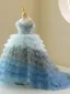 Fashion Multi-Colors Sky Blue Cascading Ruffles Sequins Birthday Flower Girl Dresses 2023 Ball Gown Scoop Neck Short Sleeve Court Train Tulle