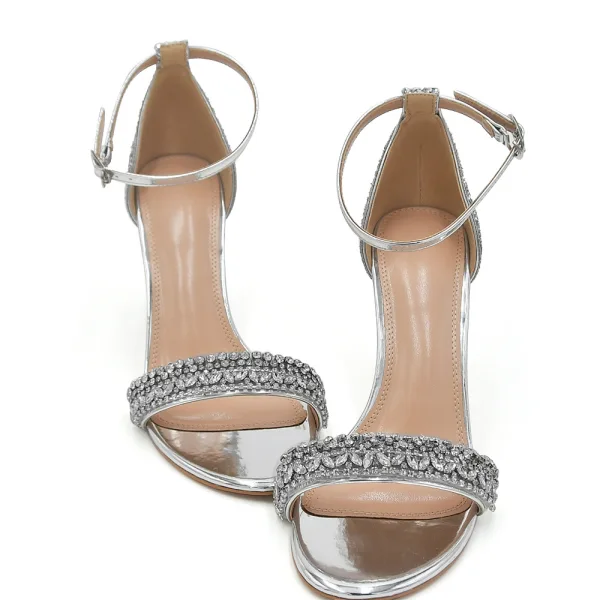 Seksowne Błyszczące Srebrny Rhinestone Cekiny Buty Ślubne 2023 8 cm Grubym Obcasie Z Paskiem Peep Toe Ślub Sandały Wysokie Obcasy