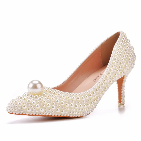 Elegant Beige Pearl Wedding Shoes 2023 7 cm Stiletto Heels Pointed Toe Wedding Pumps High Heels