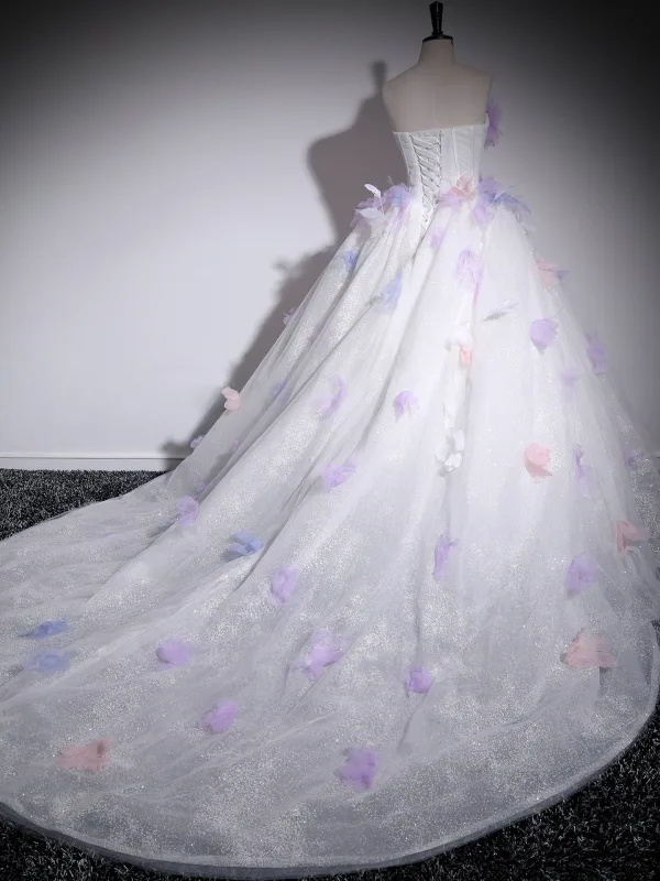 Flower Fairy Multi-Colors Appliques White Prom Dresses 2025 Ball Gown Strapless Sleeveless Backless Court Train Formal Dresses
