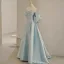 Fashion Sky Blue Satin Prom Dresses 2023 A-Line / Princess Off-The-Shoulder Bow Short Sleeve Backless Sweep Train Formal Dresses