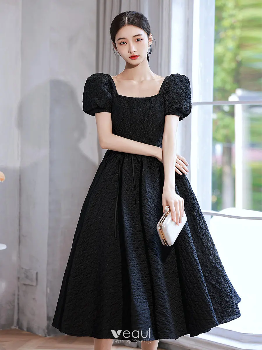 Audrey Hepburn Style Black Prom Dresses 2022 A Line Princess Square Neckline Puffy Short Sleeve Backless Tea length Prom Formal Dresses