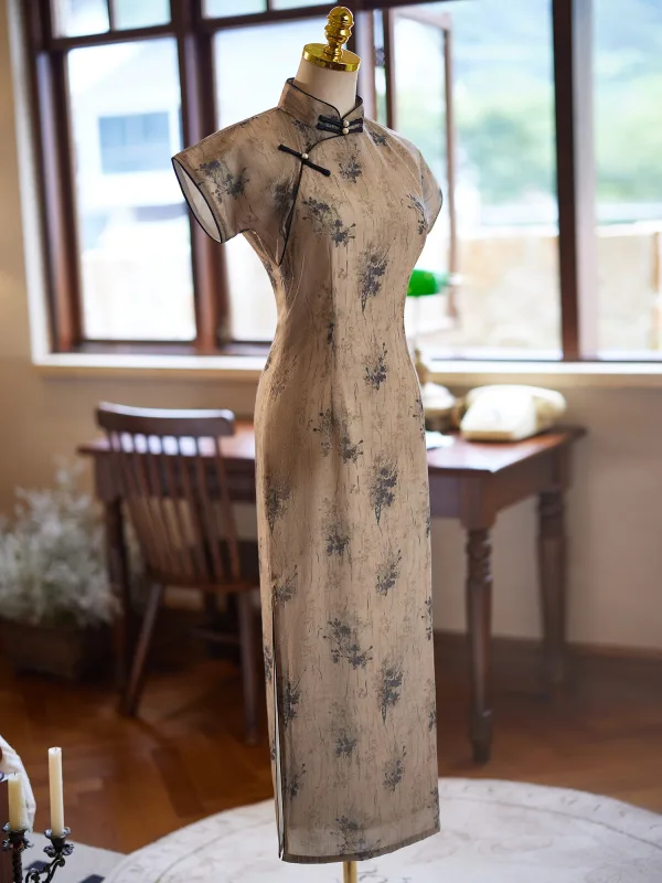 Chinese style Vintage / Retro Khaki Printing Tea-length Cheongsam 2024 Trumpet / Mermaid High Neck Short Sleeve