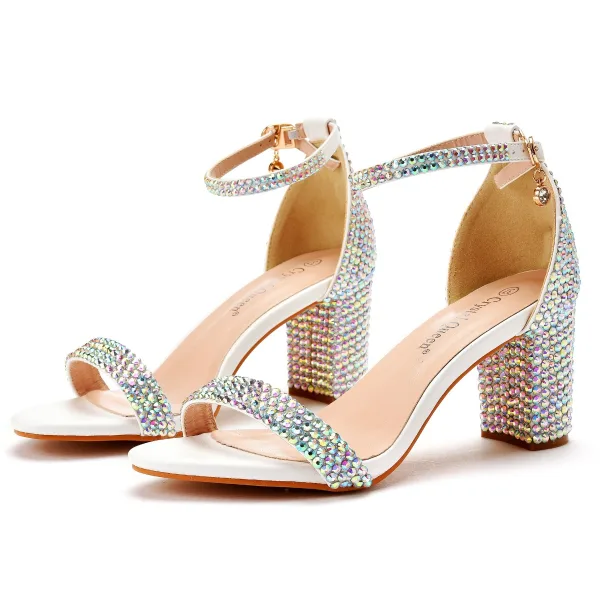 Seksowne Multi-Kolory Rhinestone Buty Ślubne 2022 Z Paskiem 7 cm Grubym Obcasie Peep Toe Ślub Sandały Wysokie Obcasy