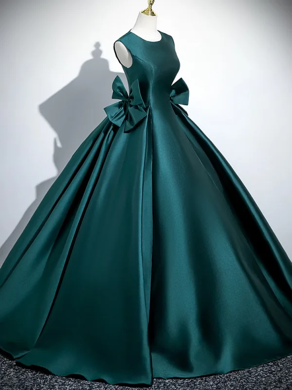 Vintage / Retro Dark Green Bow Satin Prom Dresses 2025 Ball Gown Scoop Neck Sleeveless Backless Floor-Length / Long Prom Formal Dresses