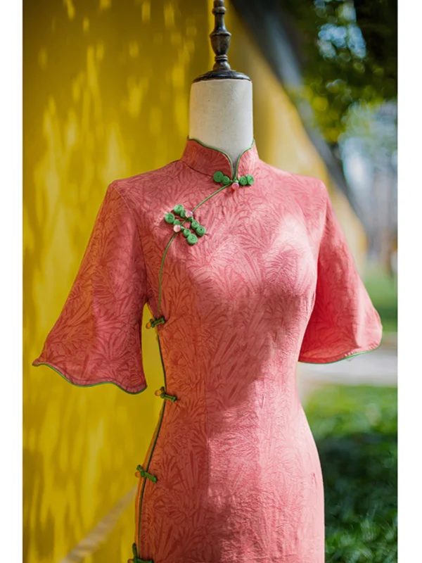 Chinese style Watermelon Tea-length Prom Cheongsam 2024 Trumpet / Mermaid High Neck Bell sleeves
