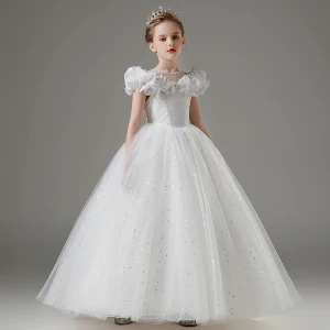 Fashion White Star Sequins Lace Butterfly Wedding Flower Girl Dresses 2023 Ball Gown Scoop Neck Short Sleeve Floor Length Long