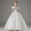 Fashion White Star Sequins Lace Butterfly Wedding Flower Girl Dresses 2023 Ball Gown Scoop Neck Short Sleeve Floor-Length / Long