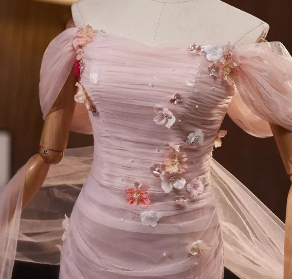 Chic / Beautiful Blushing Pink Pearl Appliques Prom Dresses 2024 Trumpet / Mermaid Off-The-Shoulder Short Sleeve Backless Floor-Length / Long Prom Formal Dresses