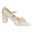 Elegant Beige Satin Pearl Rhinestone Wedding Shoes 2024 7 cm Thick Heels Pointed Toe Wedding Pumps High Heels