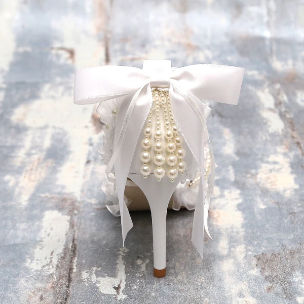 Vintage Witte Parel Rhinestone Strik Bruidsschoenen 2024 9 cm Naaldhakken / Stiletto Spitse Neus Huwelijk Hoge Hakken