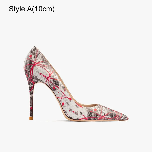 Mote Multi-Farger Lær Slangeskinn Print Aften Pumps 2023 10 cm Stiletthæler Spisse Pumps Høyhælte