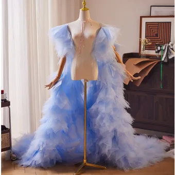 Gama Alta Azul Cielo Volantes En Cascada Noche Gala Chal Chaquetas Abrigos 2024