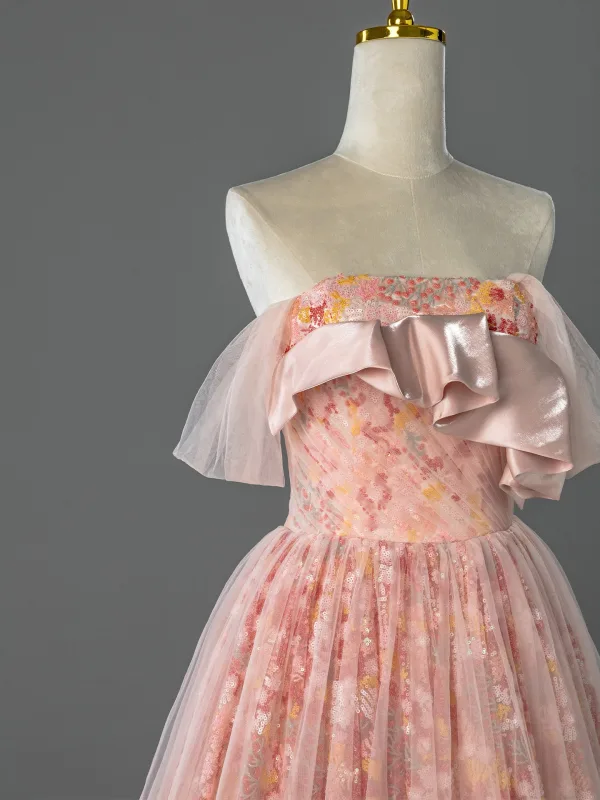 Elegante Rosa Pailletten Ballkleider 2026 Ballkleid Bandeau Ärmellos Rückenfreies Sweep / Pinsel Zug Festliche Kleider