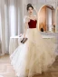 Chic / Beautiful Burgundy Rhinestone Cascading Ruffles Prom Dresses 2023 A-Line / Princess Square Neckline Puffy Short Sleeve Backless Floor-Length / Long Formal Dresses