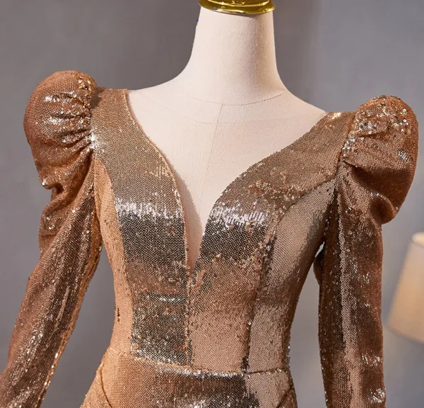 Scintillantes Doré Paillettes Robe De Bal 2024 Trompette / Sirène V-Cou Manches Longues Dos Nu Train De Balayage Promo Robe De Ceremonie